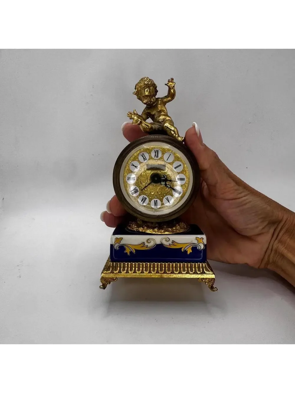 Vintage Jerger Cherub Mantel Clock: Cobalt Blue Porcelain, Gold Gilt, Working